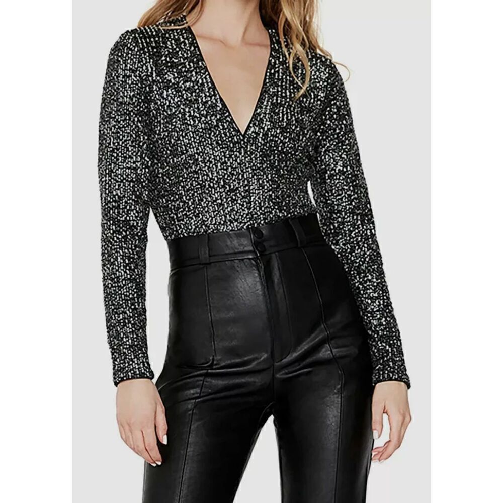 Bardot Women Black & Silver Sequins"Siren" V-Neck Bodysuit Blouse size 8/Medium